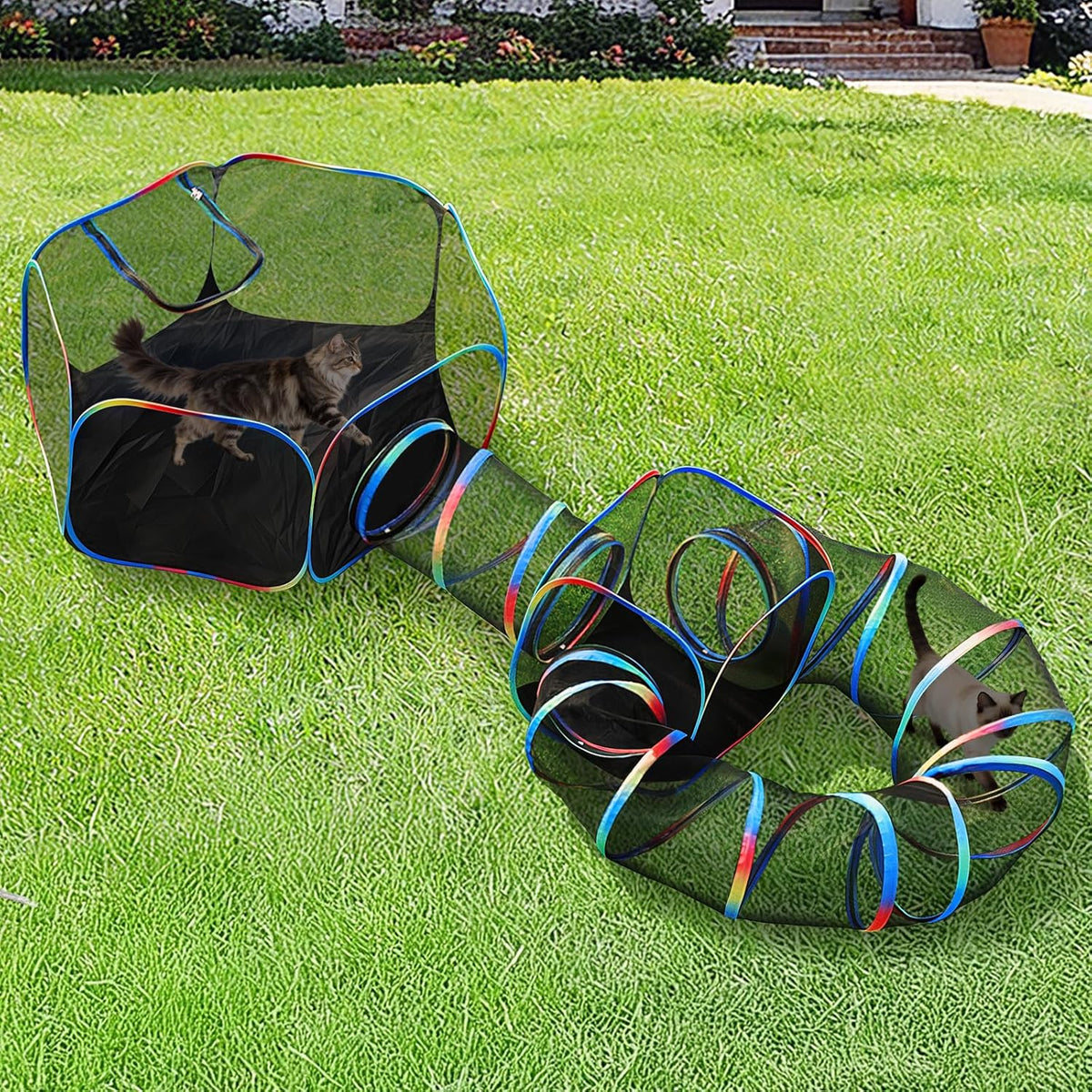 Outdoor Cat Enclosure 5-in-1 Portable Tunnels with Tent Cube Pop up - Rainbow Black 4-in-1