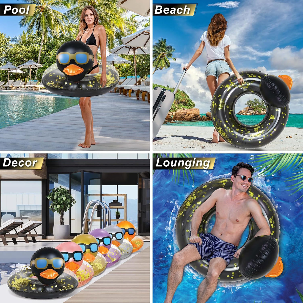 POZA inflatable duck pool float tube with gold confetti, sunglasses and orange beak - view 26