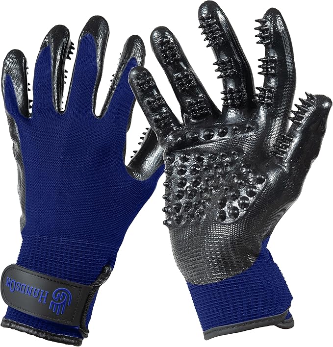 H HANDSON Pet Grooming Gloves - Patented #1 Ranked, Award Winning Shedding, Bathing, & Hair Remover Gloves - Gentle Brush for Cats, Dogs, and Horses (Blue, X-Large)