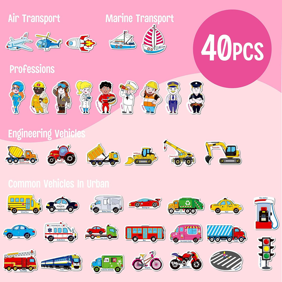 40 PCS Vehicle Magnets, Vehicles and Professions Fridge Magnets for Kids-Common Vehicles, Airplane - image 3