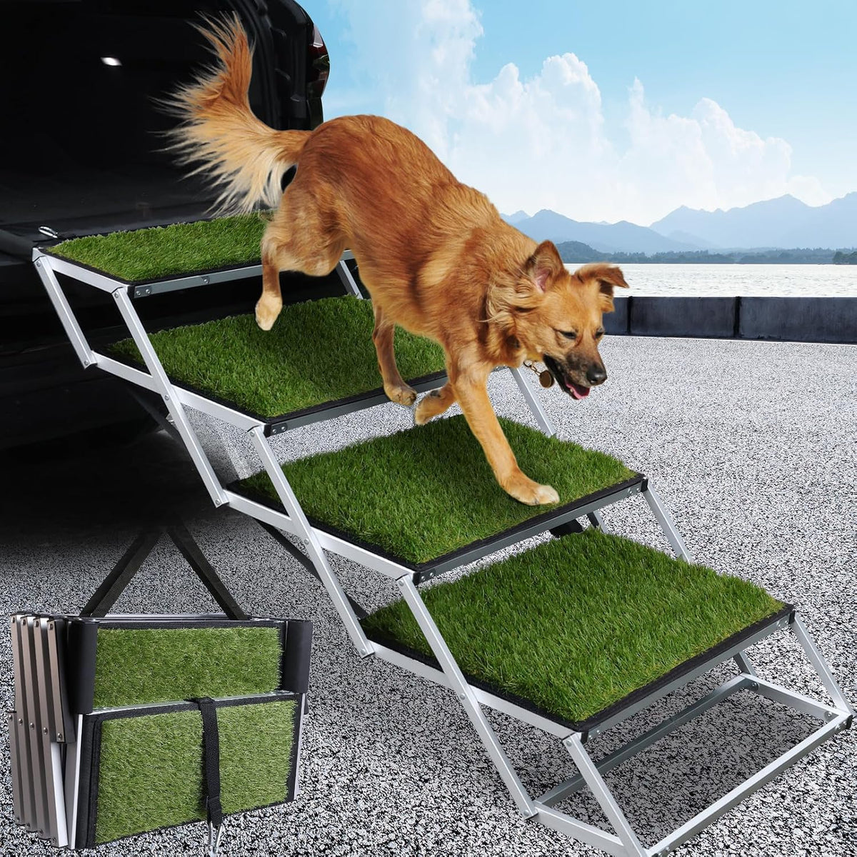 Folding Dog Stairs for Car, 16.9" Wide 4-Step Non-Slip Pet Steps – Essentials for Dogs - Green / 20In-4 Steps