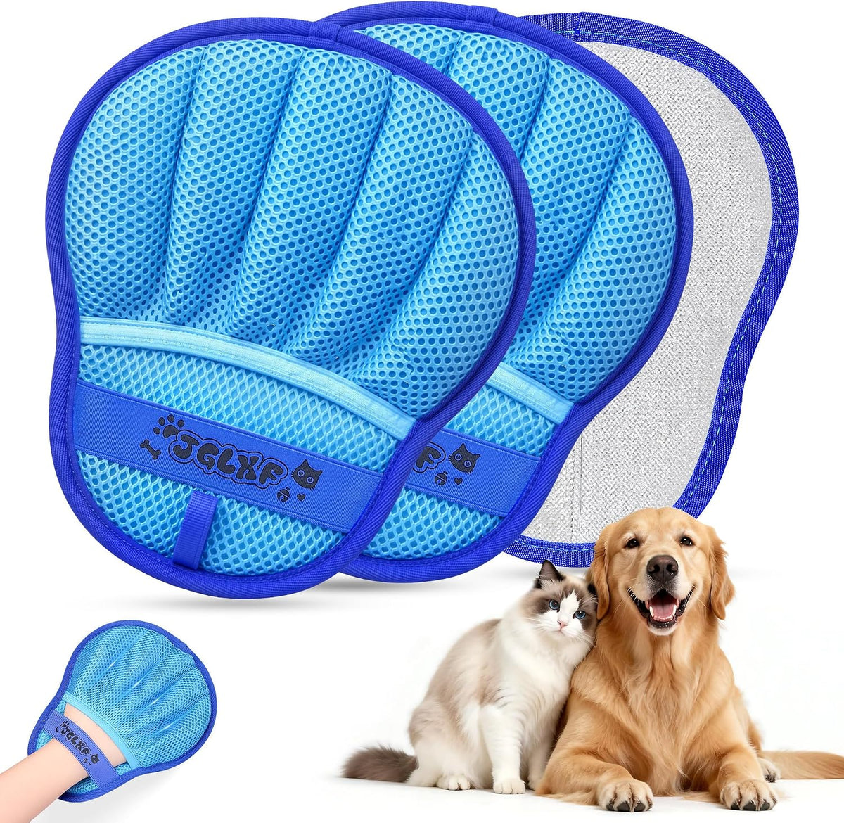 Pet Hair Removal Glove for Cat & Dog - Blue-2Pack