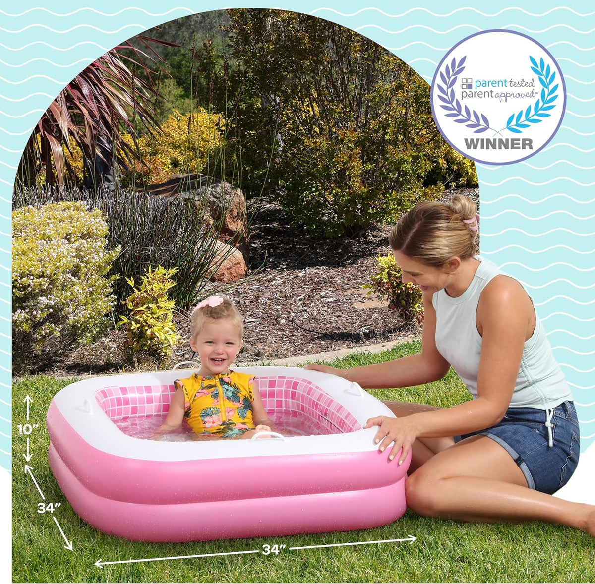 3-in-1 Inflatable Baby Pool, Safety Secure Grip Handles - 34" Square Playful Pink - image 2