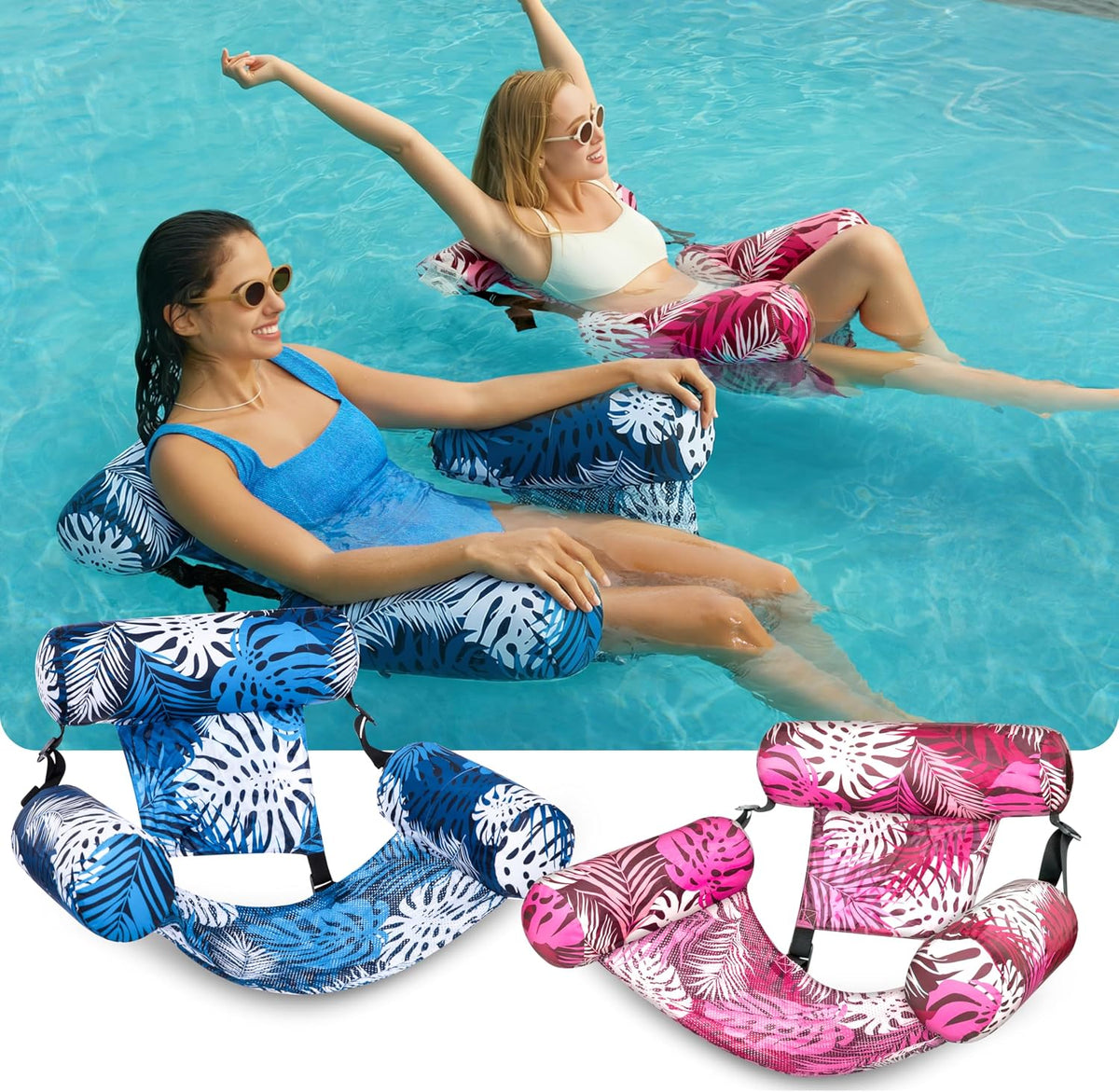 SLOOSH Inflatable Pool Floats Adult - Pink,Blue-Tropical Leaves - image 2