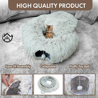 Large Cat Tunnel Bed for Indoor Cats Warm Fluffy Plush Cat Cave Tunnel Bed Collapsible, Washable, 3 Way and Multifunctional with Dangling Balls for Cats, Kittens and Rabbits- Brown