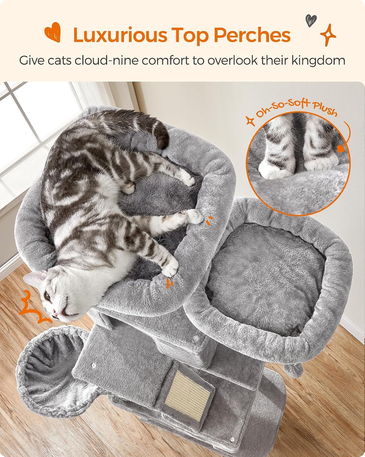 Feandrea Cat Tree, Multi-Level Condo - Light Gray / XXL (23.6"L x 19.7"W x 81.1"H) - image 3
