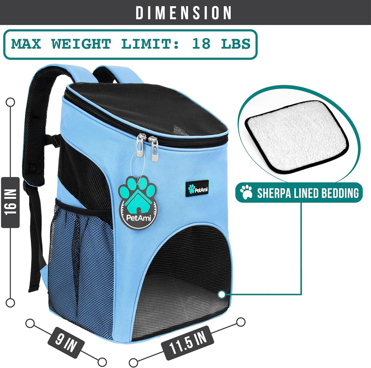 PetAmi Cat Backpack Carrier for Small Dogs and Large Cats - Light Blue - image 2