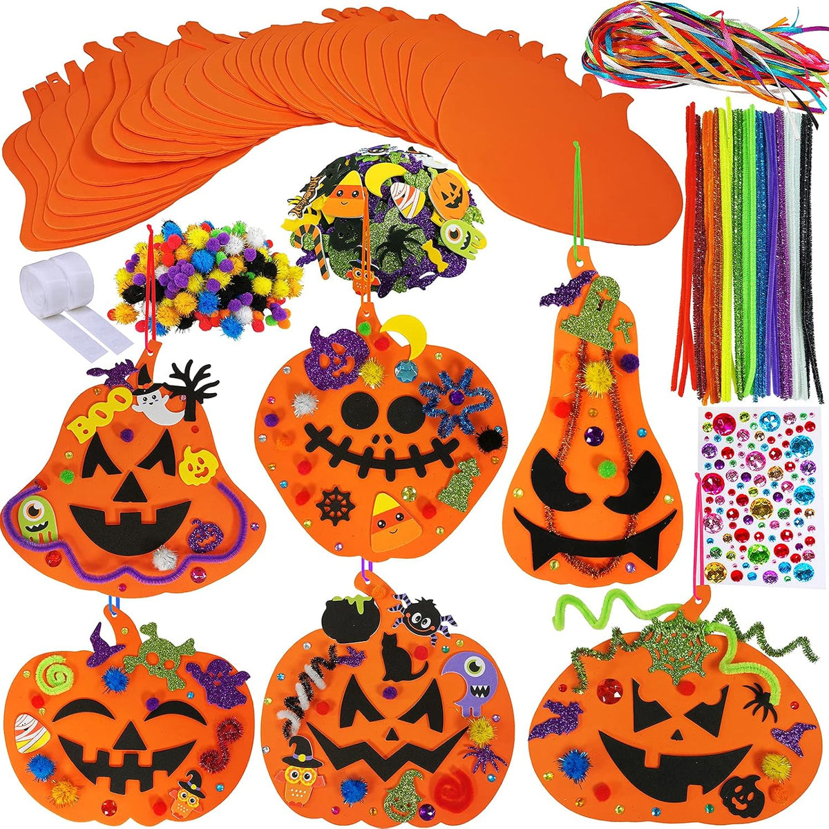 Winlyn orange foam pumpkin craft kits with Halloween face stickers, 30 pack