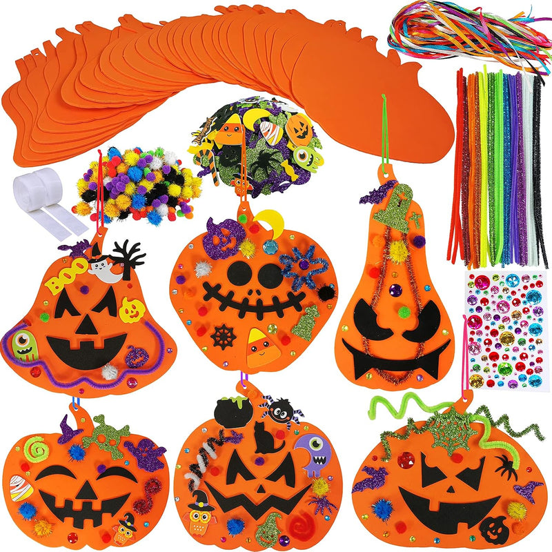 Winlyn orange foam pumpkin craft kits with Halloween face stickers, 30 pack
