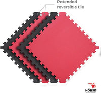 Norsk Reversible Gym Exercise Mats 3/4" Thick EVA Interlocking Foam Tiles, Perfect Home Gym Flooring, 36 Tiles & 72 Trim Pieces, 144 Sq. Ft. Reversible, Red/Black