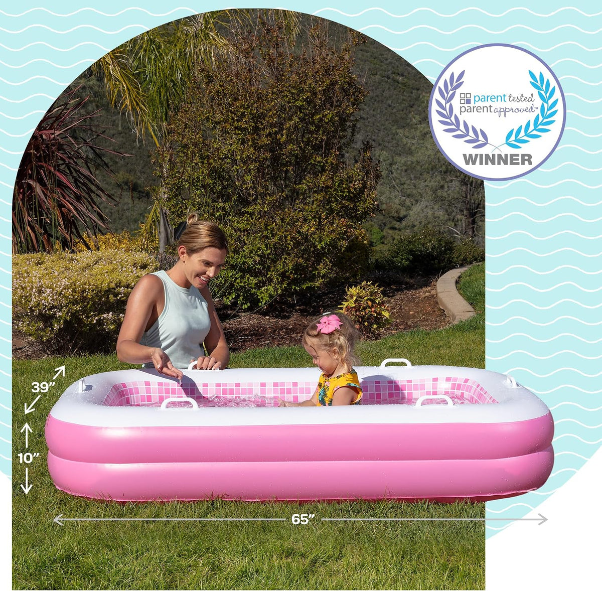 3-in-1 Inflatable Baby Pool, Safety Secure Grip Handles - 65" Rectangular Playful Pink - image 2