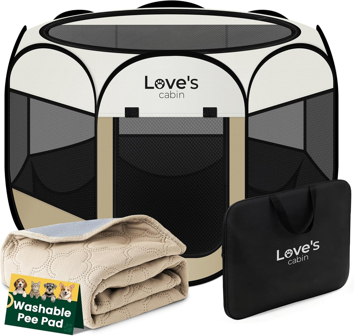 Love's cabin Pet Puppy Dog Playpen - Khaki with Pad / 25.0"L x 25.0"W x 17.0"H