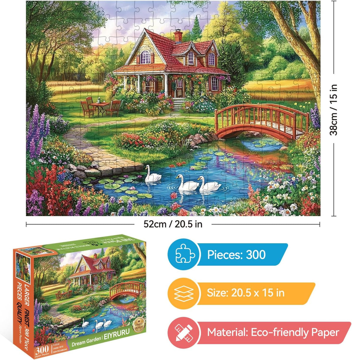 EIYRURU 300 piece jigsaw puzzle of a cottage garden with swans and bridge - view 22