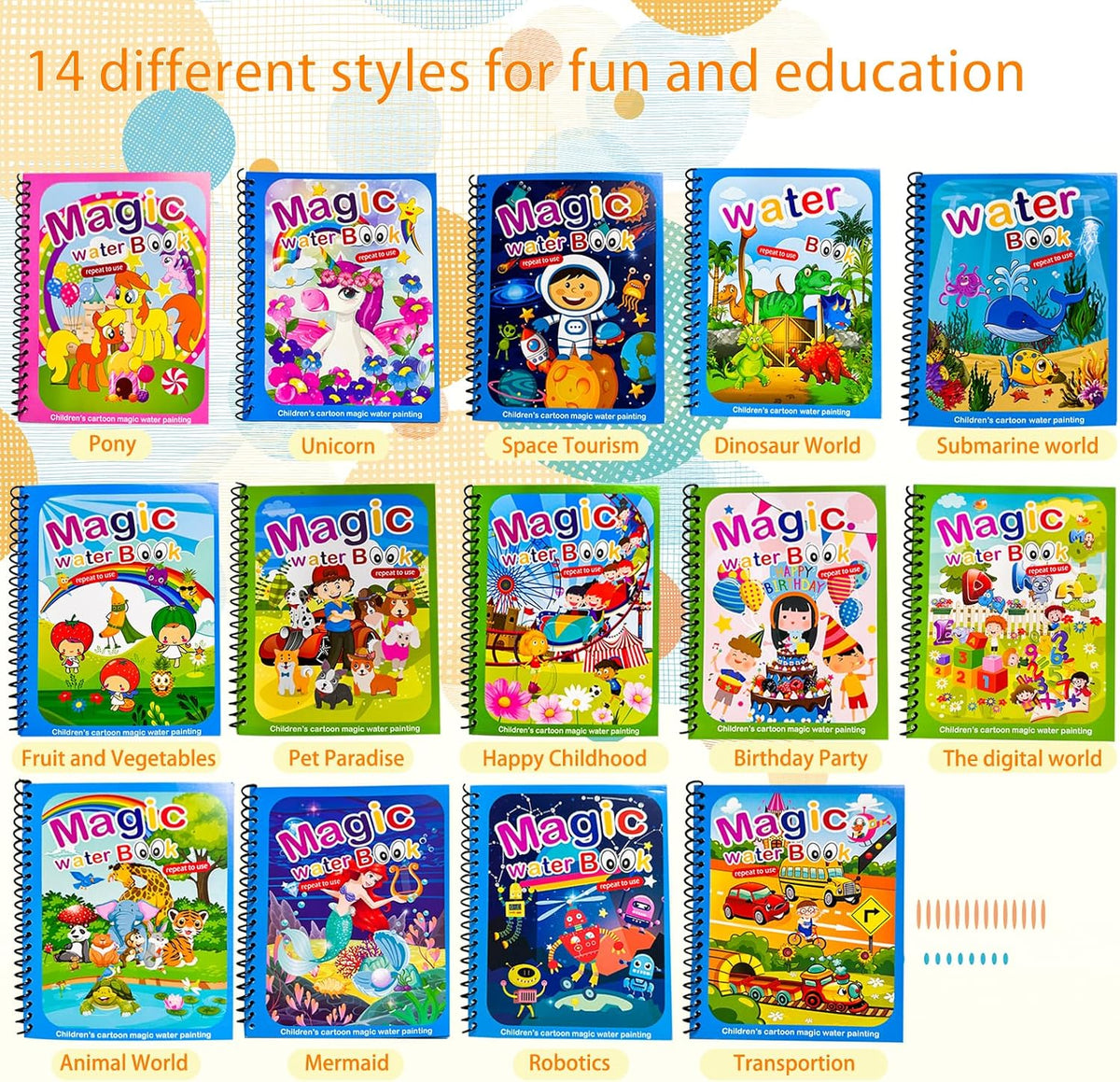 Cmaqpw 14-pack reusable water coloring books with refillable water pens - view 4