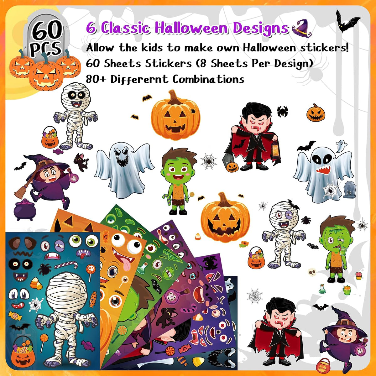 LINAYE make your own Halloween stickers, 60 sheets with ghost, witch and vampire parts - view 14