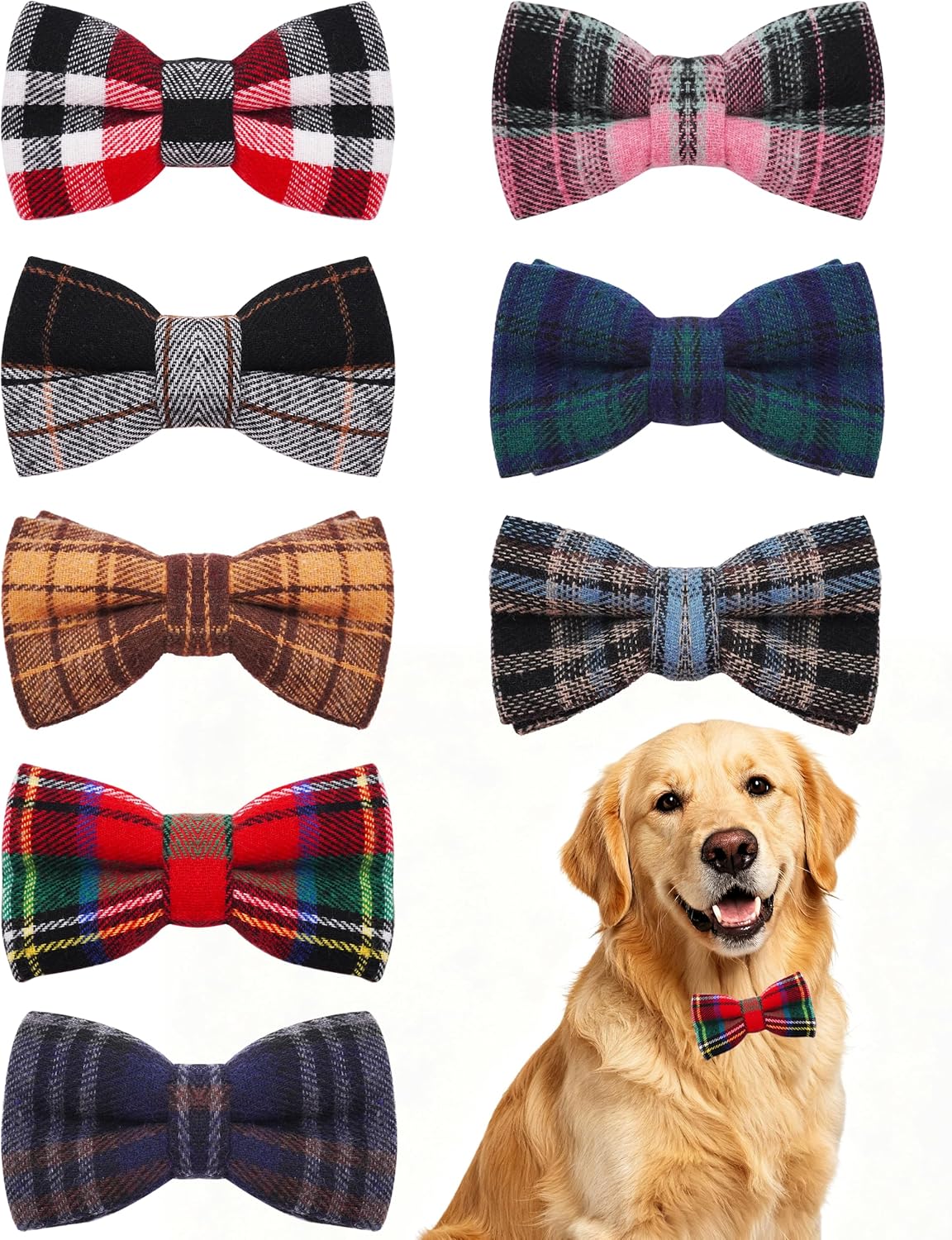 PET SHOW 8 Pack Dog Bowties Plaid for Small Dogs Slide on Collar – Essentials for Dogs - L / M/L