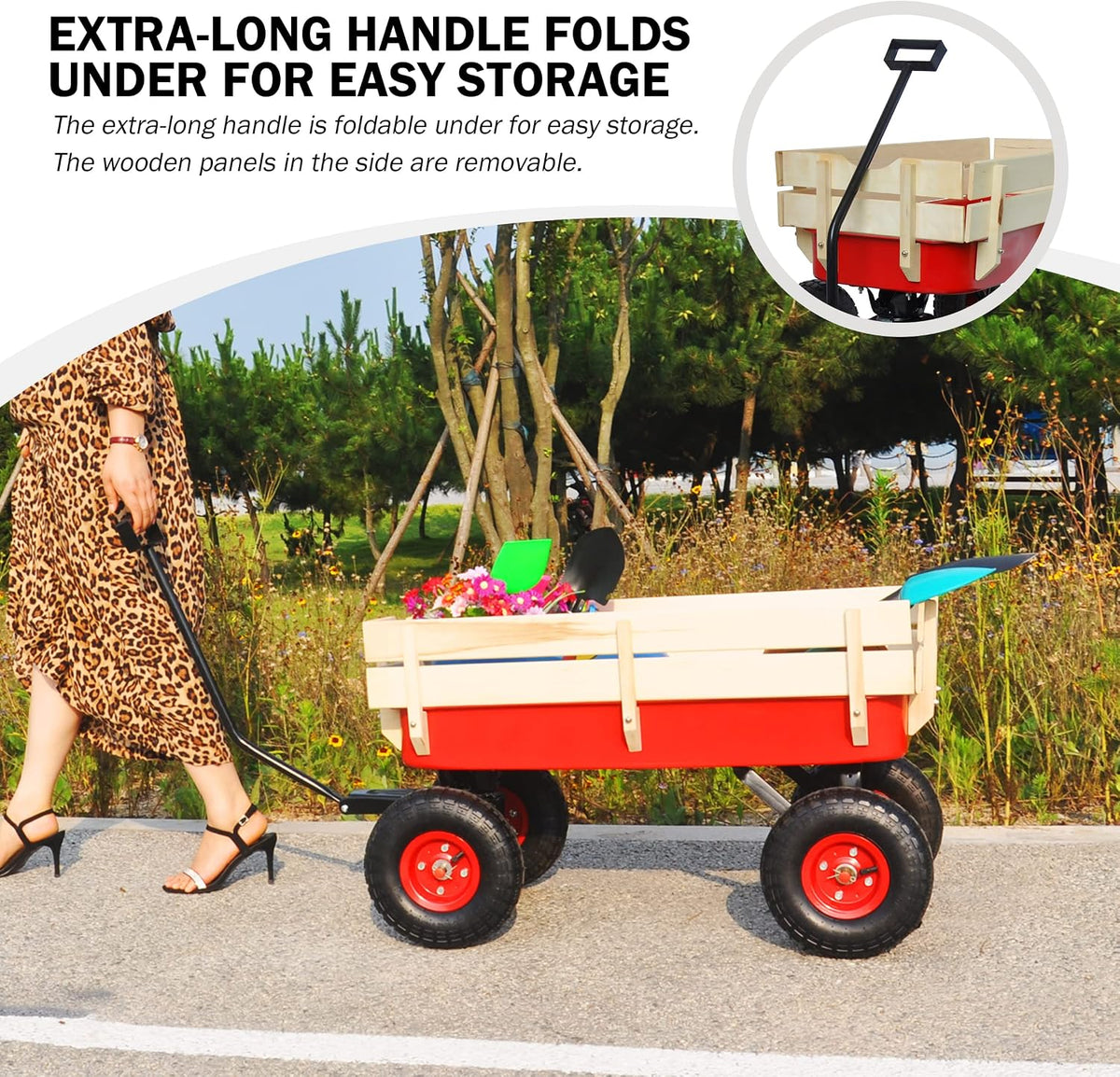 Sanch Ancha red steel and wood utility wagon with 10 inch air tires - view 7