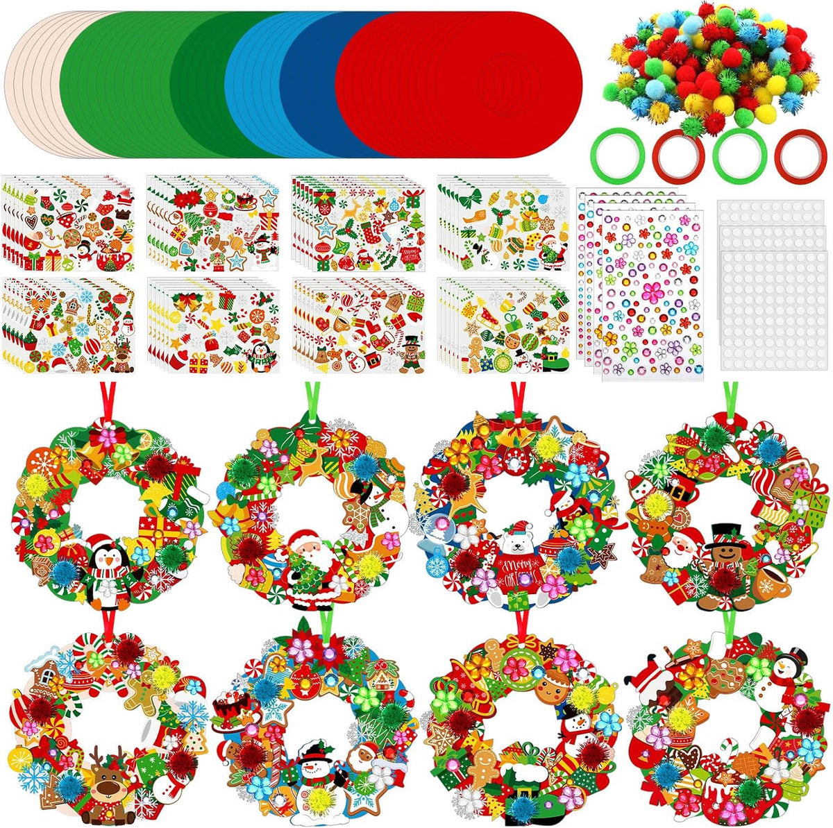 Hollowfly Thanksgiving paper wreath craft kits with gem stickers, ribbons and wool balls - view 2