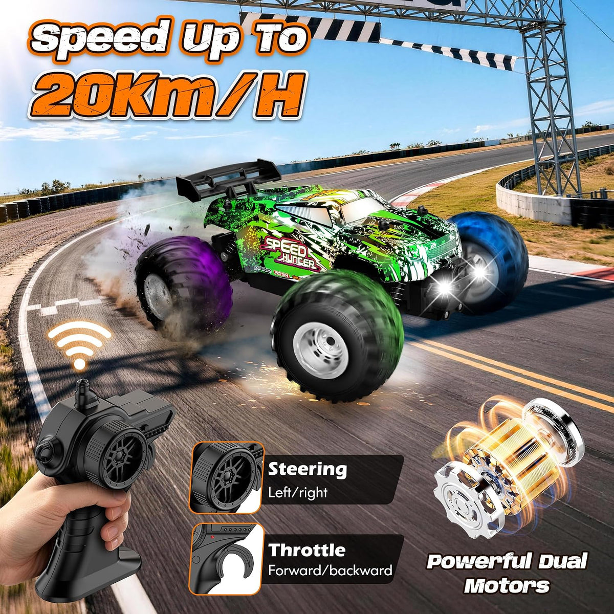 Remote Control Car All-Terrain 1:18 Rc Car with LED Lights 2 Batteries – Fun for Kids & Family - Green - image 4