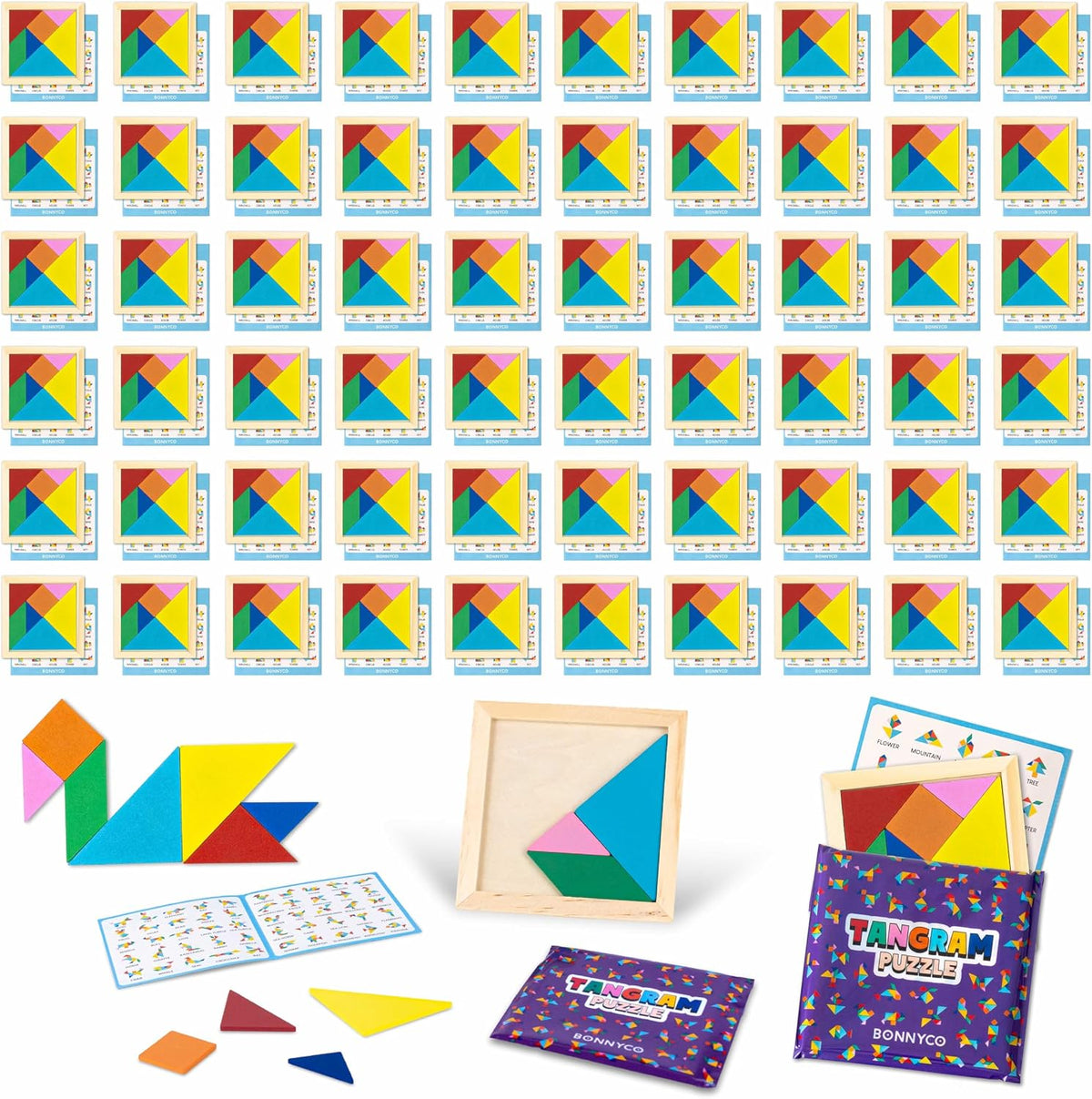BONNYCO Tangram Puzzle Wooden Pack 30 Mini Games of Party Favors - 60 Pack