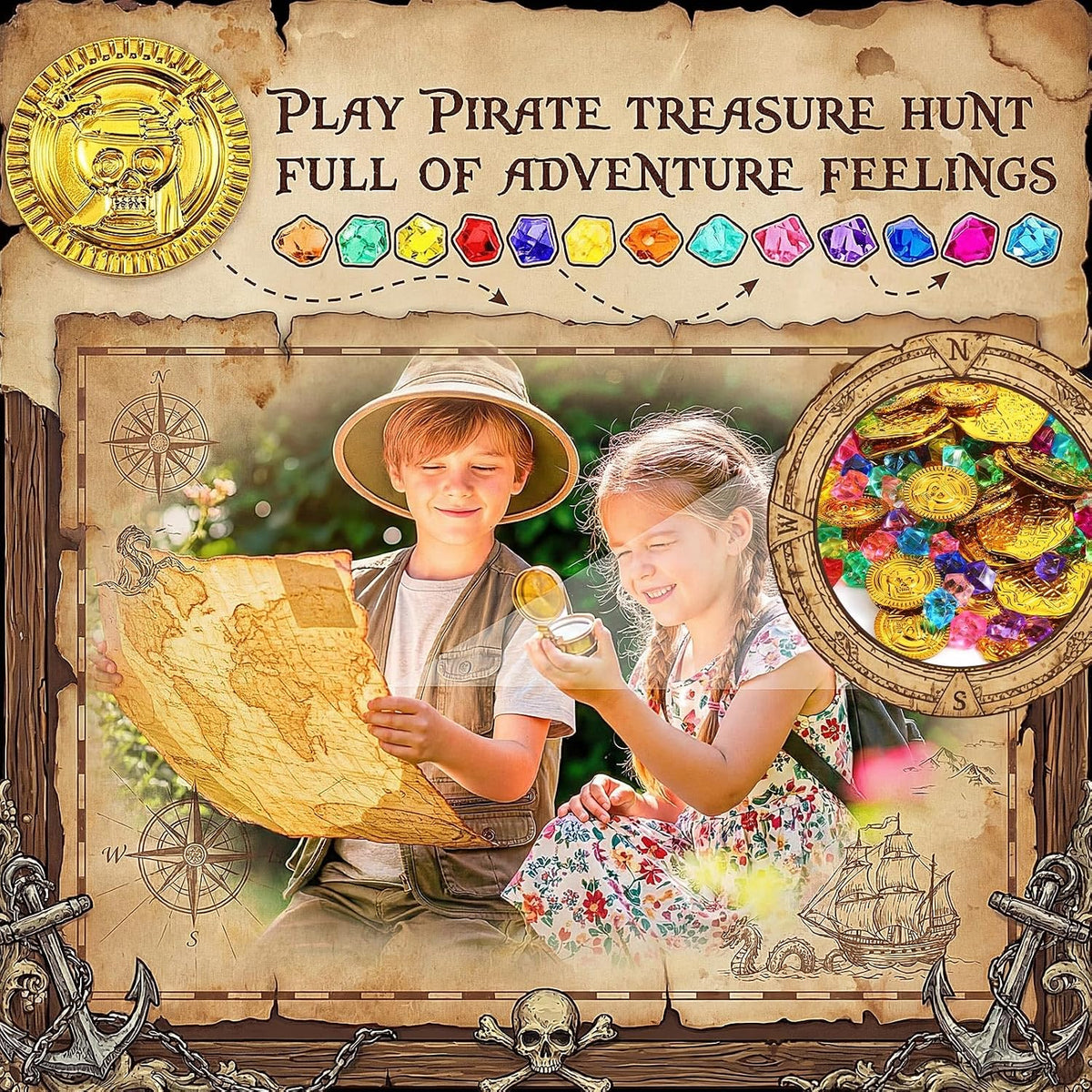 Hanaive 150 Pcs Plastic Pirate Gold Coins Fake Gems Set - Gold / Mixing - image 3