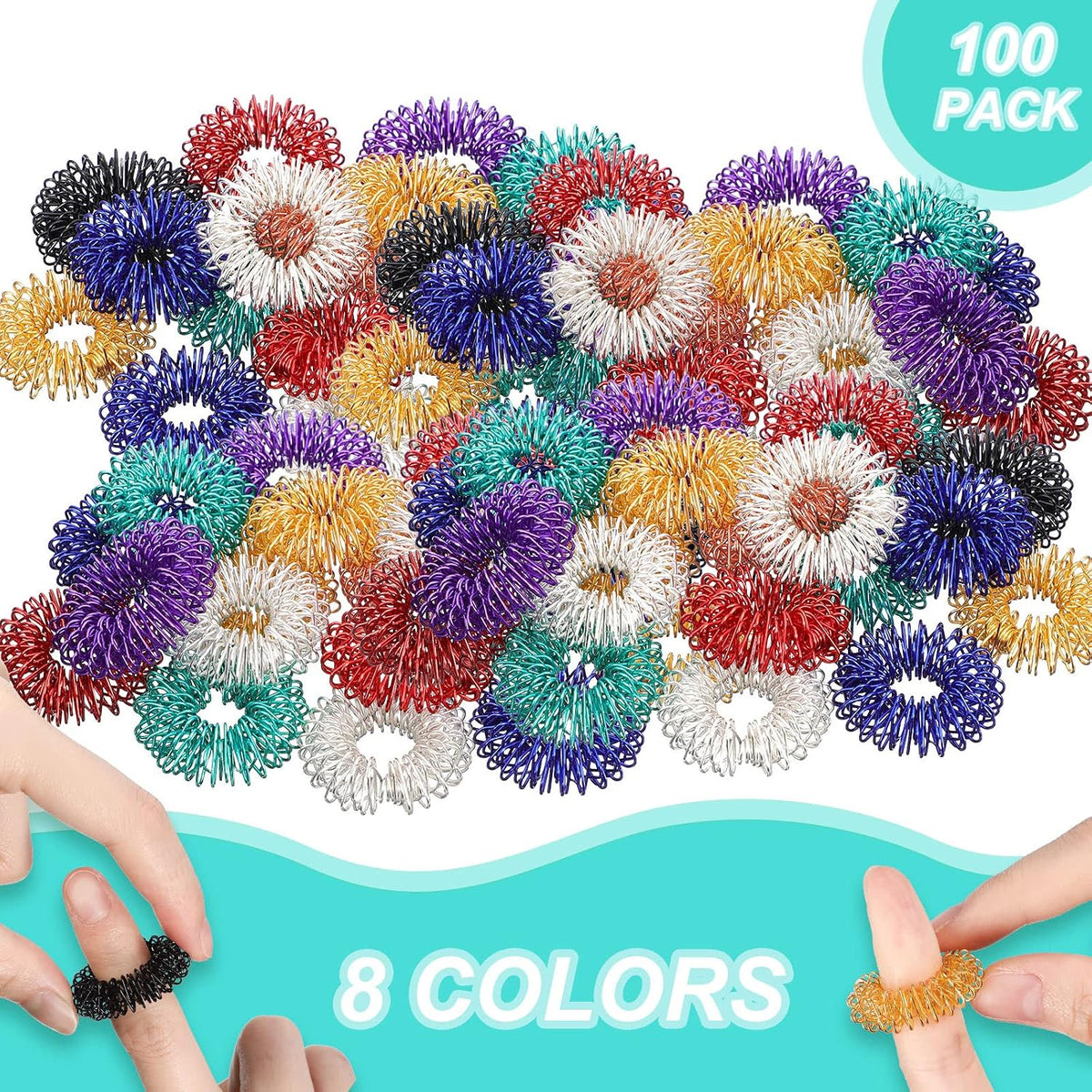 Tondiamo 100 Pack Spiky Sensory Acupressure Finger Rings - Classic Colors - image 2