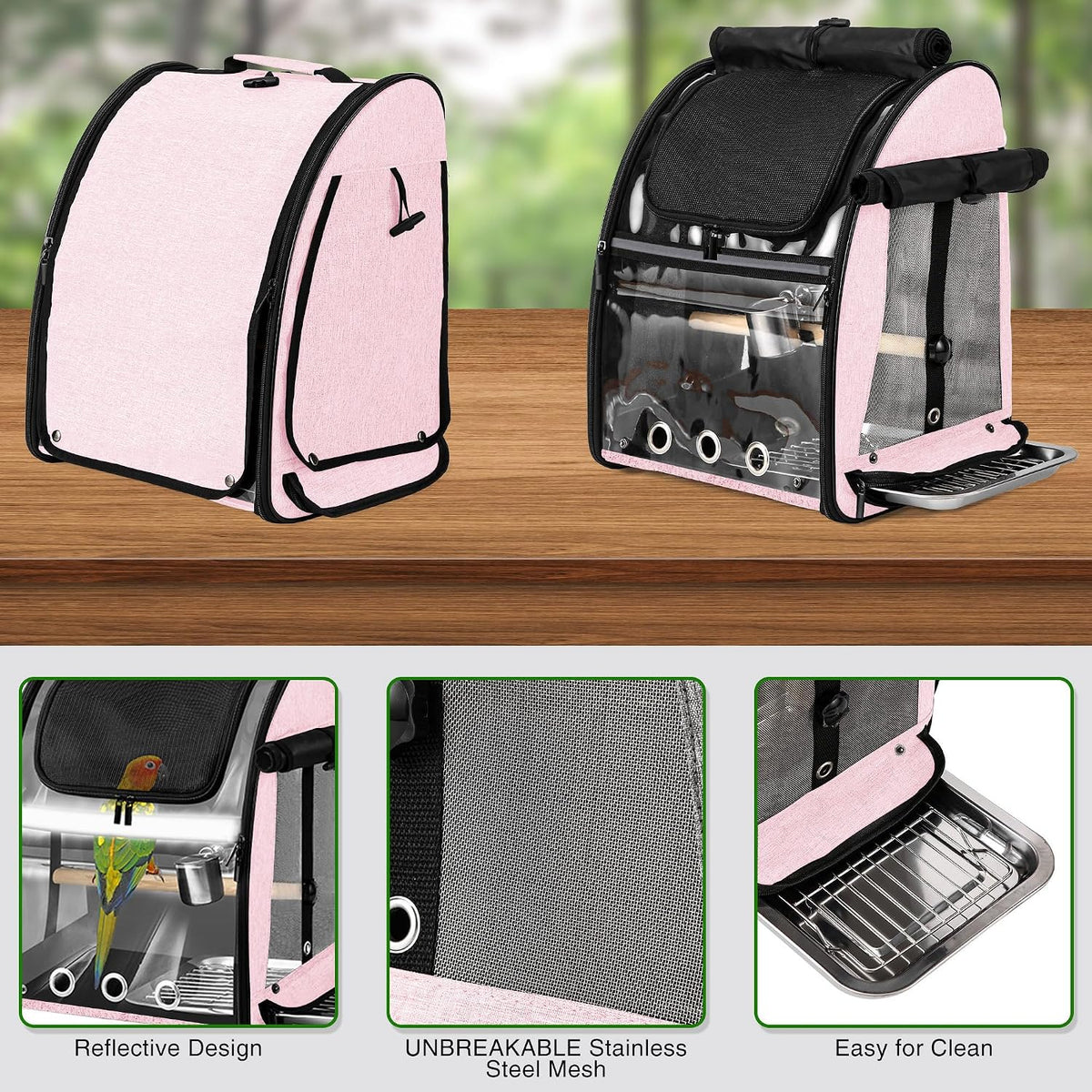 Bird Carrier Bag with Indestructible Stainless Steel Mesh - Pink - image 3