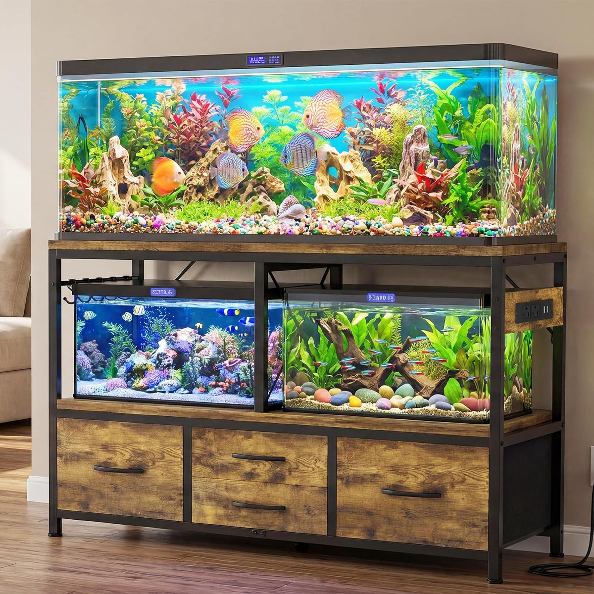 Heybly 55-75 Gal Fish Tank Stand with Drawer, Power Outlet - Rustic Brown / 55-75 gal