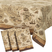 FUN RACCOON pirate party tablecloth with vintage treasure map and pirate ships print - view 3