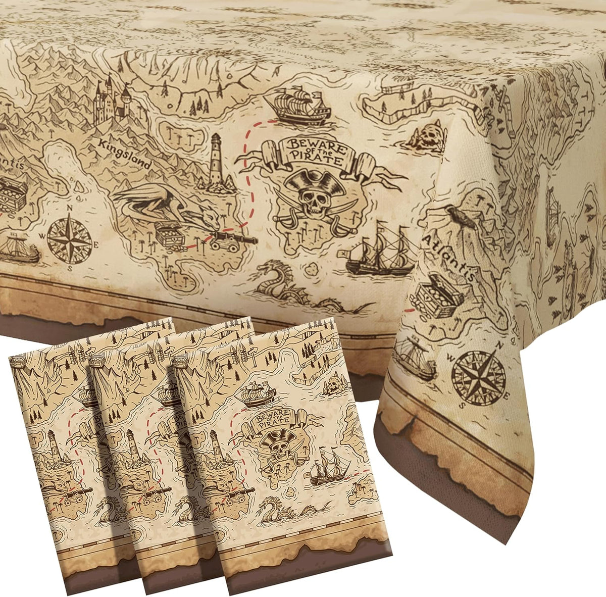 FUN RACCOON pirate party tablecloth with vintage treasure map and pirate ships print - view 3