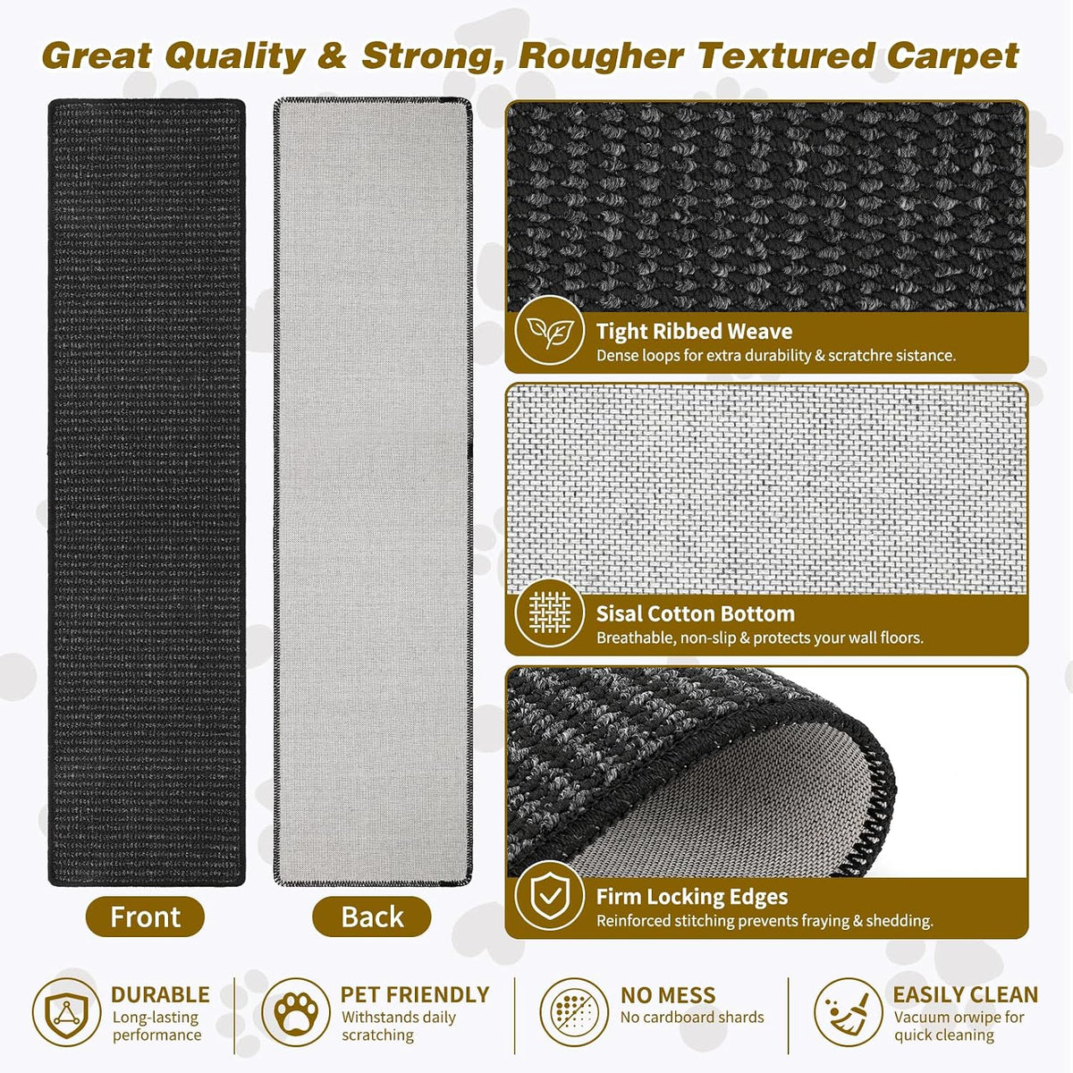 FHTONGE 71x15.8" Thickened Cat Wall Climbing Carpet with 16 Fixed - Heathered Black / 71x15.8"(180x40cm) - image 3