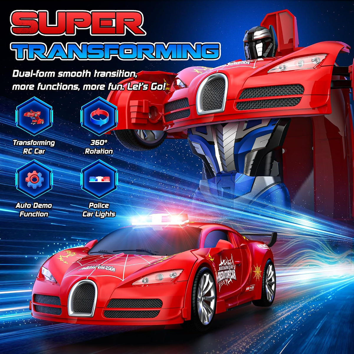AONEPTR transforming remote control car robot toy in red with LED lights - view 6