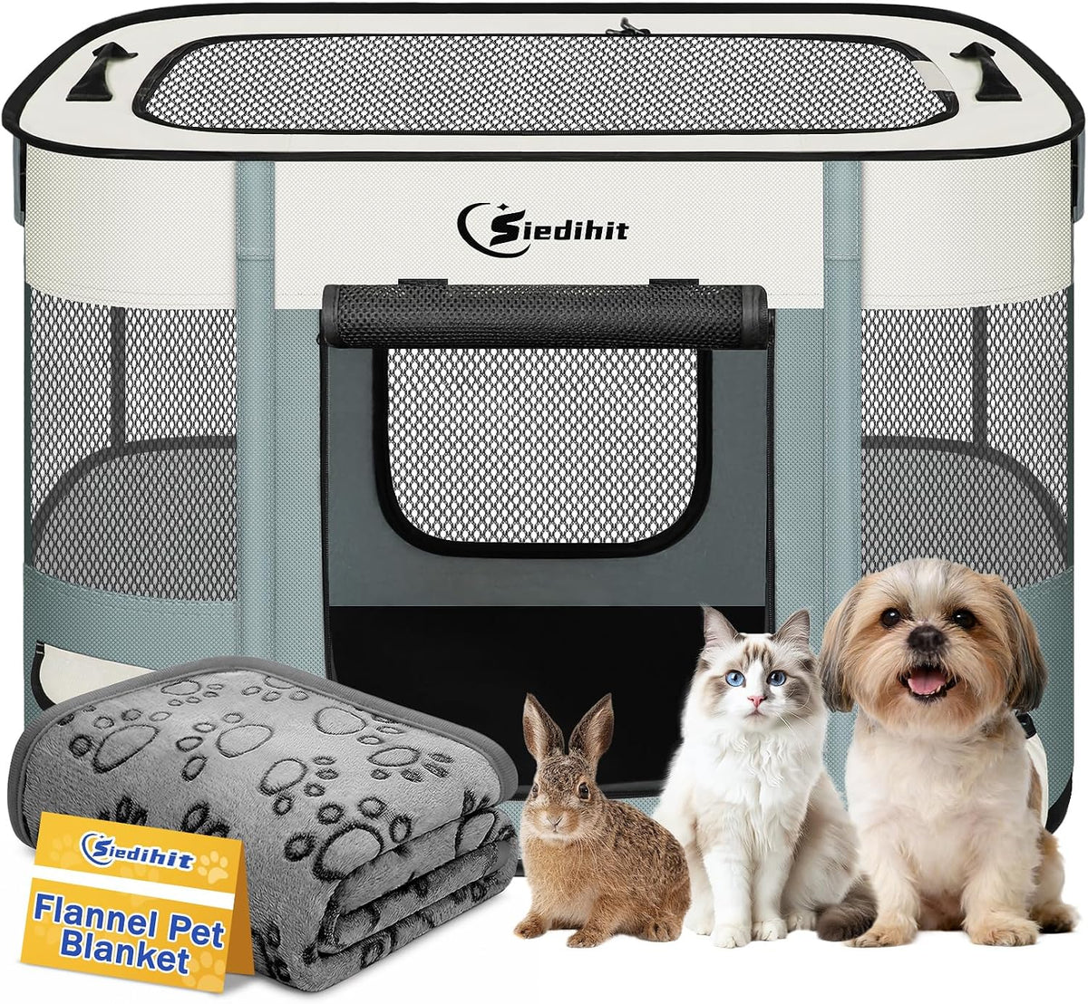 Siedihit 31" Dog Playpen, Cat Puppy Pen - Small / Grey with Blanket