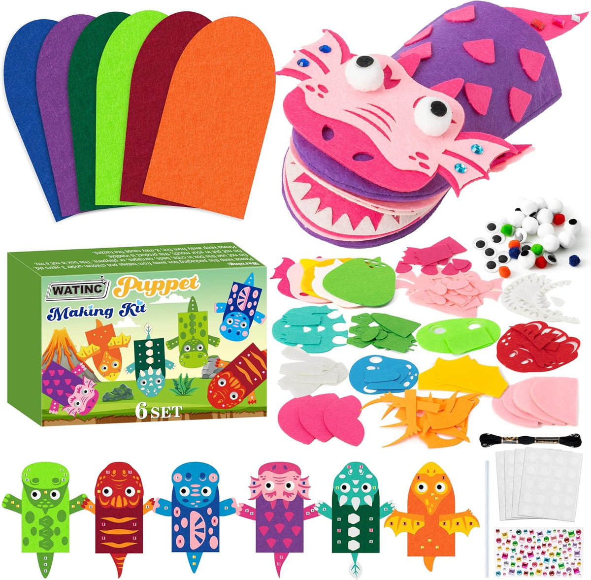 WATINC Hand Puppet Making Kit, Felt Sock Puppet Toys for Kids – Fun for Kids & Family - Dinosaurs B