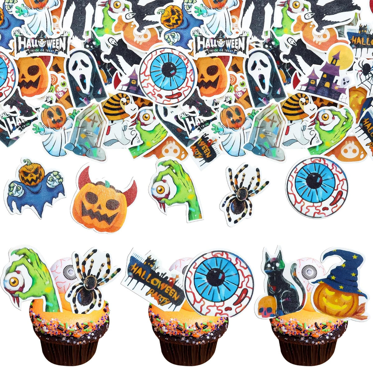 Gyufise 24Pcs Halloween Bat Cupcake Toppers Black Glitter Bat - Black, Orange