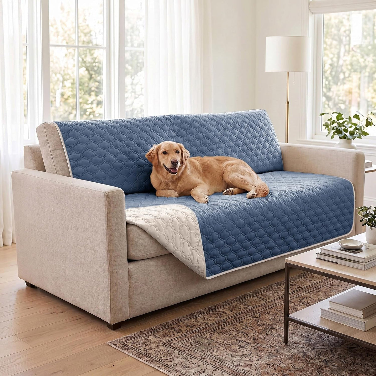 Waterproof Couch Cover, Washable Dog & Pet Furniture Protector - Blue+cream / 68x82 Inches