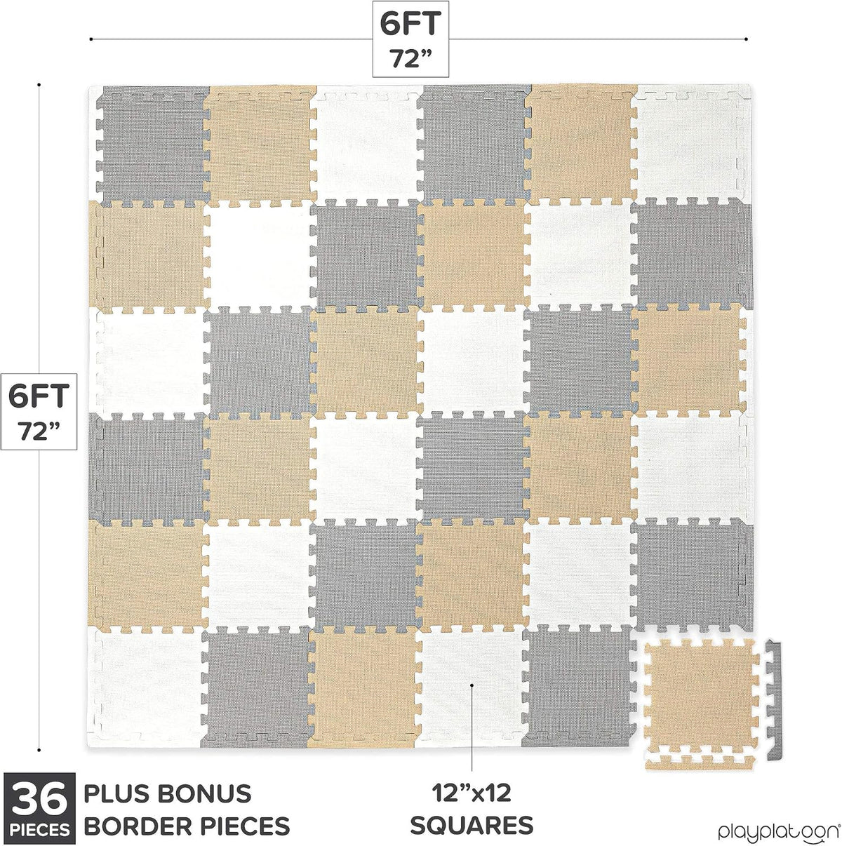 Non-Toxic Extra-Thick 36 Piece Children Play & Exercise Mat - 6 ft x 6 ft (Square) / Warm Grey/Cream/Sand - image 2