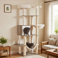 Hey-brother Wooden Cat Tree Tower with Rattan Condo - 21.7"×15.7"×66.1" / Rustic Gray