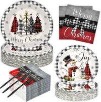 GOLDGAO Christmas paper plates and napkins with buffalo plaid border and snowman print - view 4