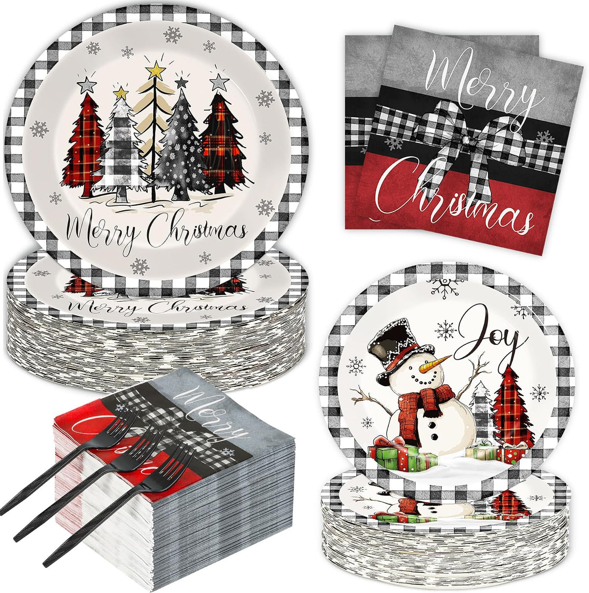 GOLDGAO Christmas paper plates and napkins with buffalo plaid border and snowman print - view 4