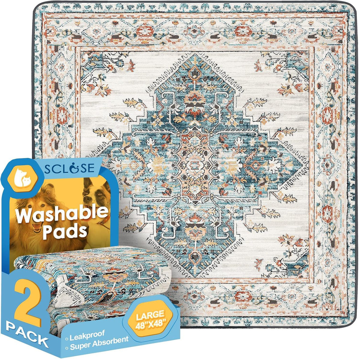 Washable Pee Pad for Dogs - Blue Medallion / 48" x 48" (2 Pack)