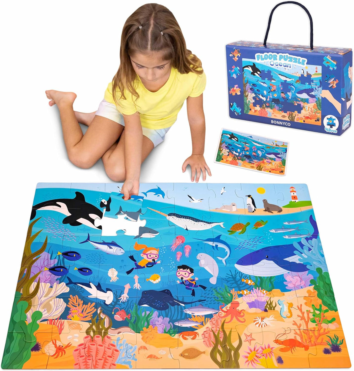 BONNYCO Giant Floor Puzzles for Kids of Jungle Animals with 48 Large - Ocean