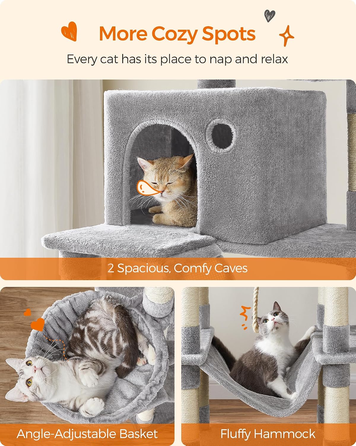 Feandrea Cat Tree, Multi-Level Condo - Light Gray / XXL (23.6"L x 19.7"W x 81.1"H) - image 4