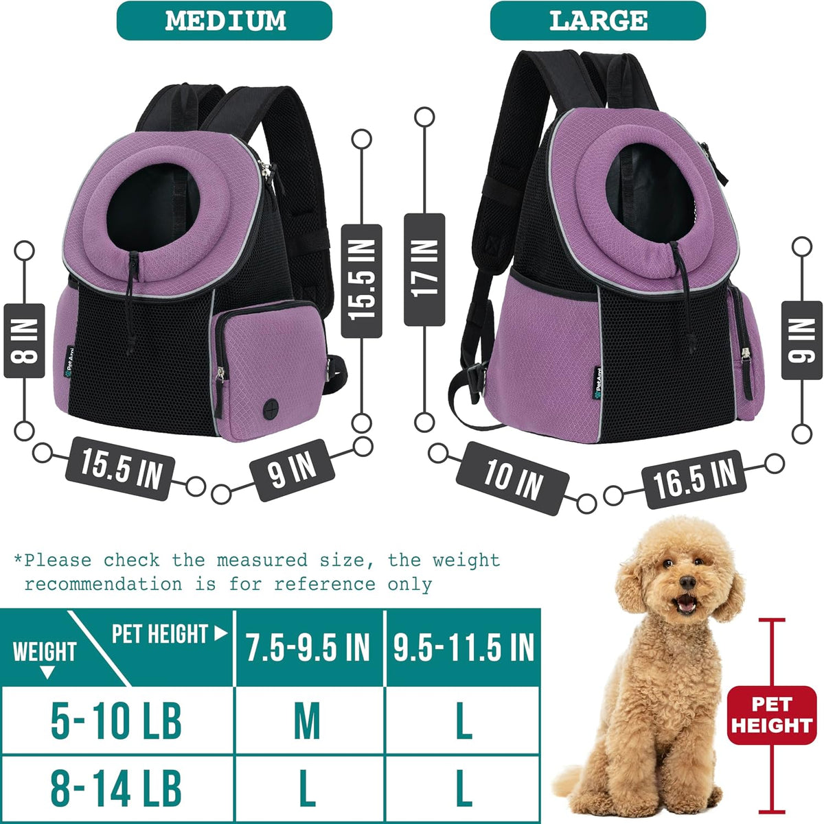 PetAmi Dog Carrier Backpack, Hands Free Front Pet Carrier - Purple / 16.5"L x 10.0"W x 17.0"H - image 2