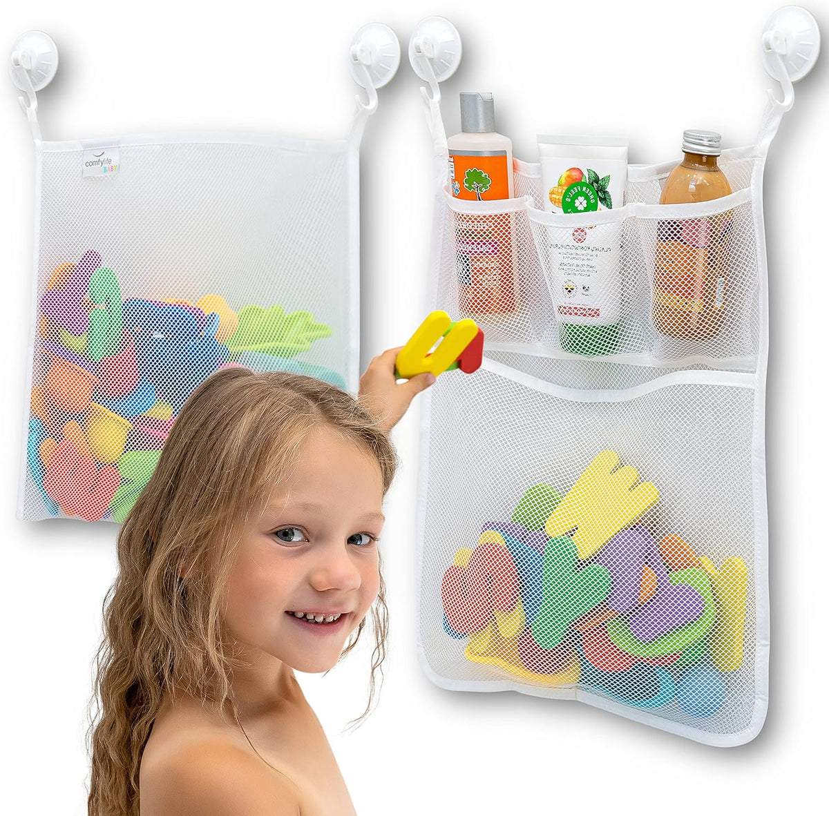 2 x Mesh Bath Toy Organizer + 8 Ultra Strong Hooks - White x2