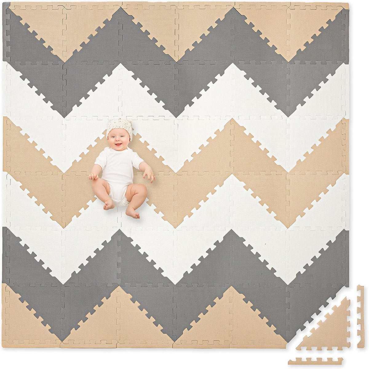 Non-Toxic Extra-Thick 36 Piece Children Play & Exercise Mat - 6x6' (Triangle) / Warm Grey/Cream/Sand