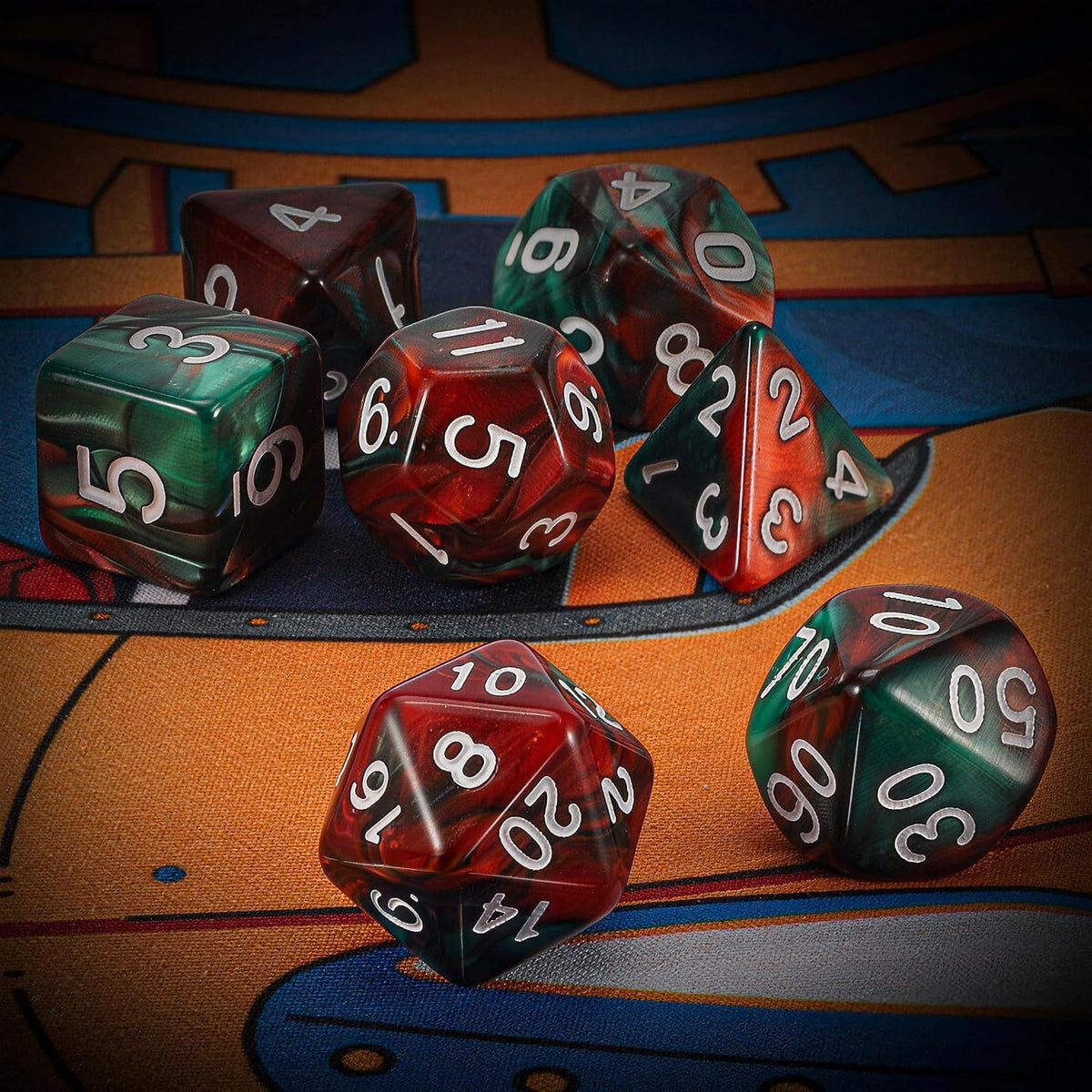 QMAY DND Dice Set - 7Pcs Blue Mix White Polyhedral Dice with Black Dice Bag – Fun for Kids & Family - Red and Green - image 3