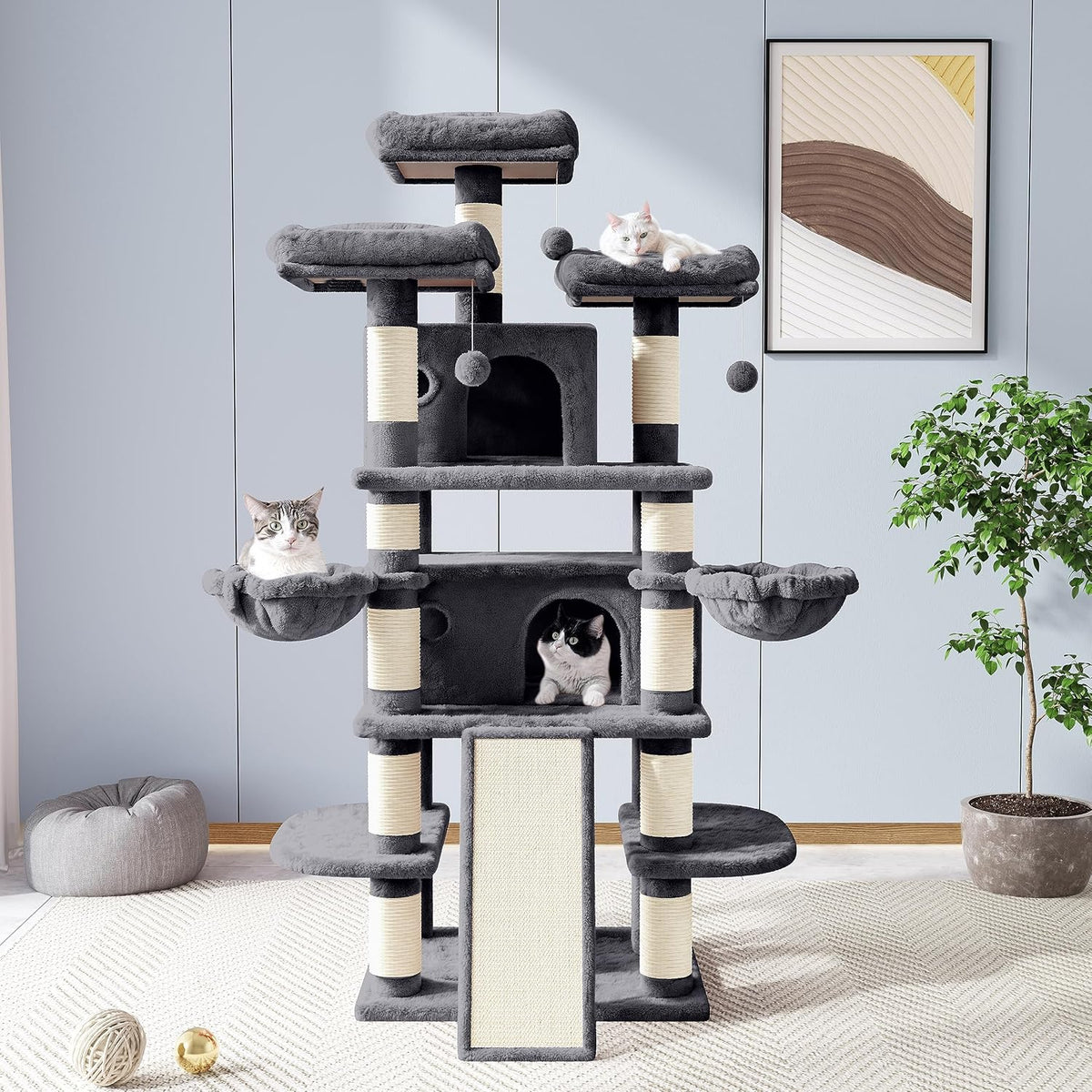 Allewie 68 Inches Cat Tree/House and Towers for Big Feline/Scratching - 68 in / Smoky Grey - image 2