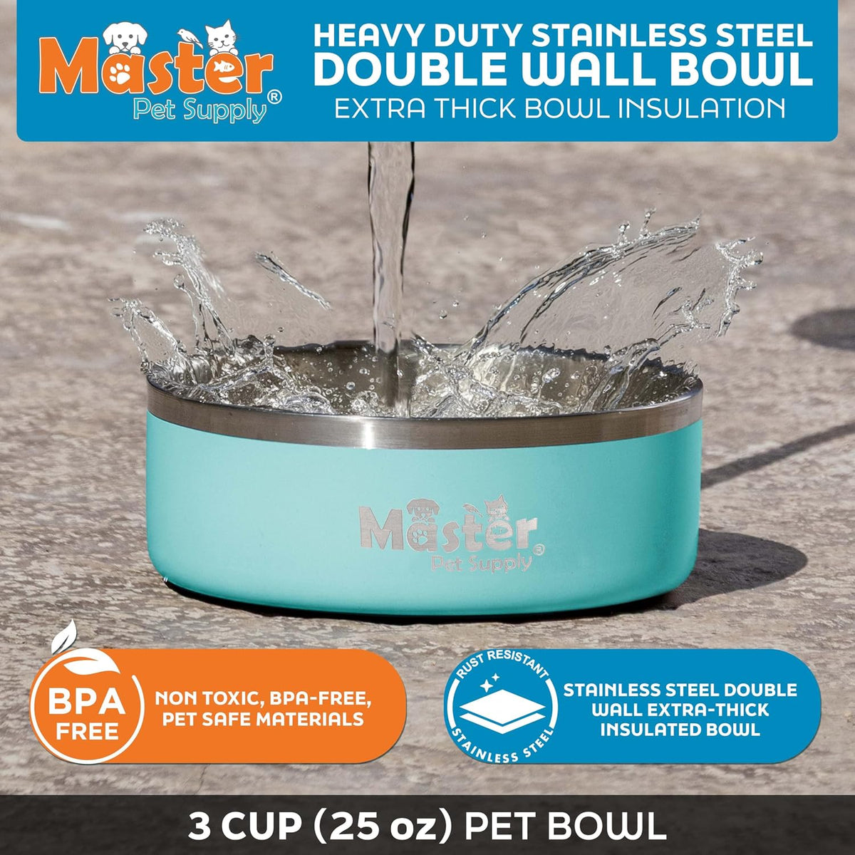 Master Pet Supply Stainless Steel Dog Bowls 128 oz Heavy Duty Aqua Sky – Essentials for Dogs - Aqua Sky / 3 Cups (25 oz) - image 3