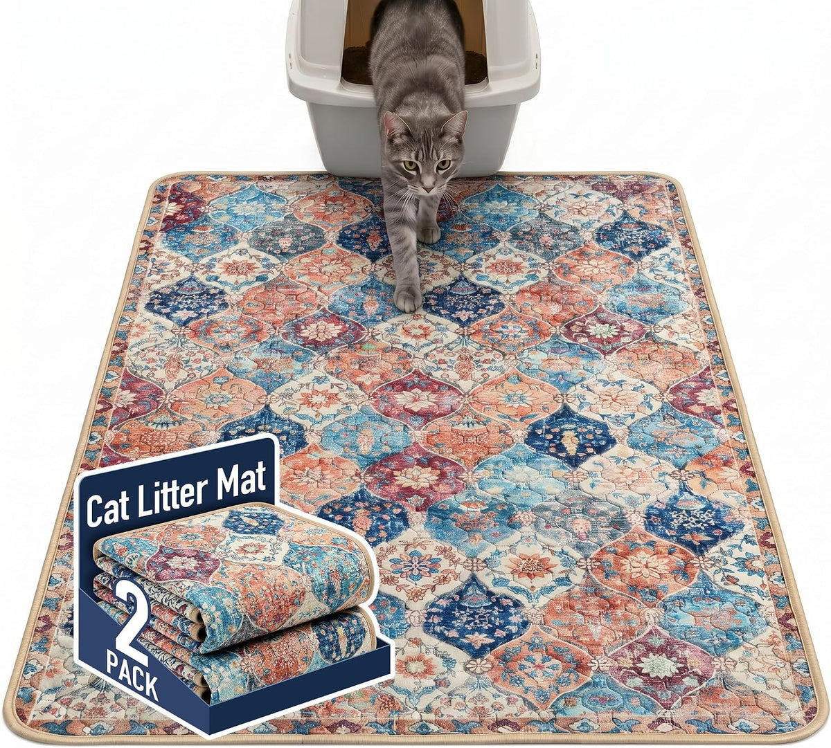 Hompet Cat Litter Mat 2 Pack - 48x60 Inch (Pack of 2) / Cream Moroccan Trellis